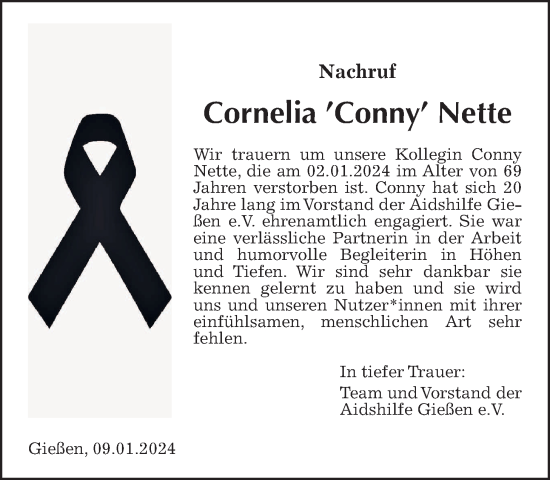 Traueranzeige von Cornelia Nette von Giessener Allgemeine, Alsfelder Allgemeine, Wetterauer Zeitung