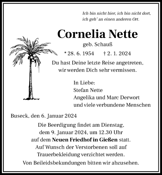 Traueranzeige von Cornelia Nette von Giessener Anzeiger, Giessener Allgemeine, Alsfelder Allgemeine