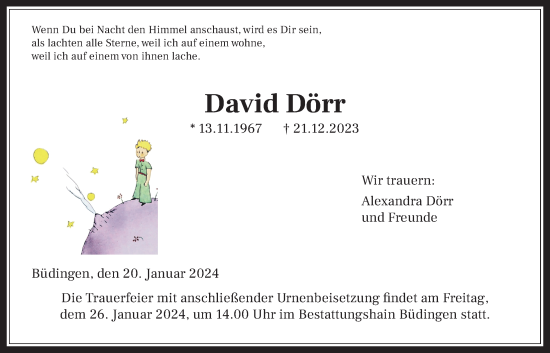 Traueranzeige von David Dörr von Kreis-Anzeiger