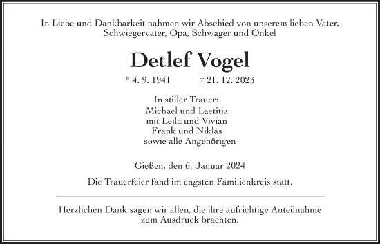 Traueranzeige von Detlef Vogel von Giessener Anzeiger, Giessener Allgemeine, Alsfelder Allgemeine