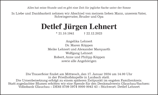 Traueranzeige von Detlef Jürgen Lehnert von Laubacher Anzeiger