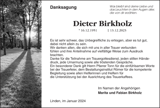 Traueranzeige von Dieter Birkholz von Giessener Allgemeine, Alsfelder Allgemeine, Giessener Anzeiger