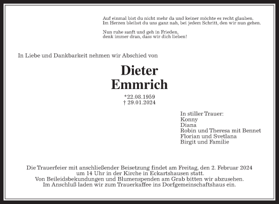 Traueranzeige von Dieter Emmrich von Wetterauer Zeitung, Kreis-Anzeiger