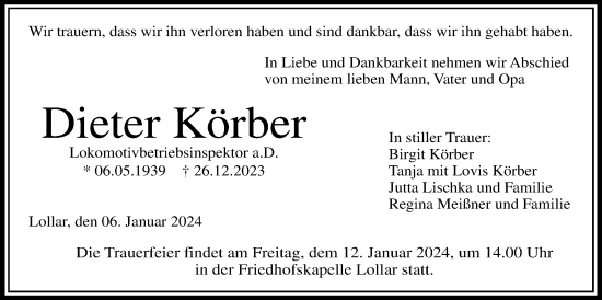 Traueranzeige von Dieter Körber von Giessener Allgemeine, Alsfelder Allgemeine