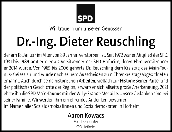 Traueranzeige von Dieter Reuschling 