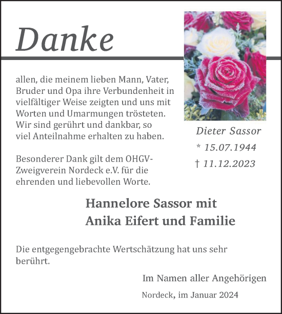 Traueranzeige von Dieter Sassor von Allendorfer Mitteilungen