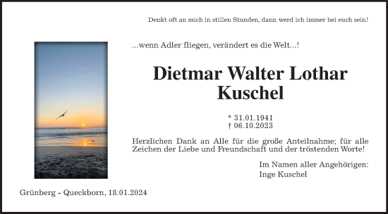 Traueranzeige von Dietmar Walter Lothar Kuschel von Giessener Allgemeine, Alsfelder Allgemeine