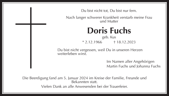 Traueranzeige von Doris Fuchs von Kreis-Anzeiger