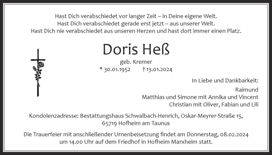 Traueranzeige von Doris Heß 
