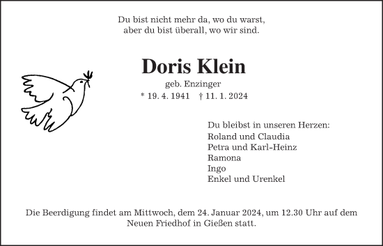 Traueranzeige von Doris Klein von Giessener Allgemeine, Alsfelder Allgemeine, Giessener Anzeiger