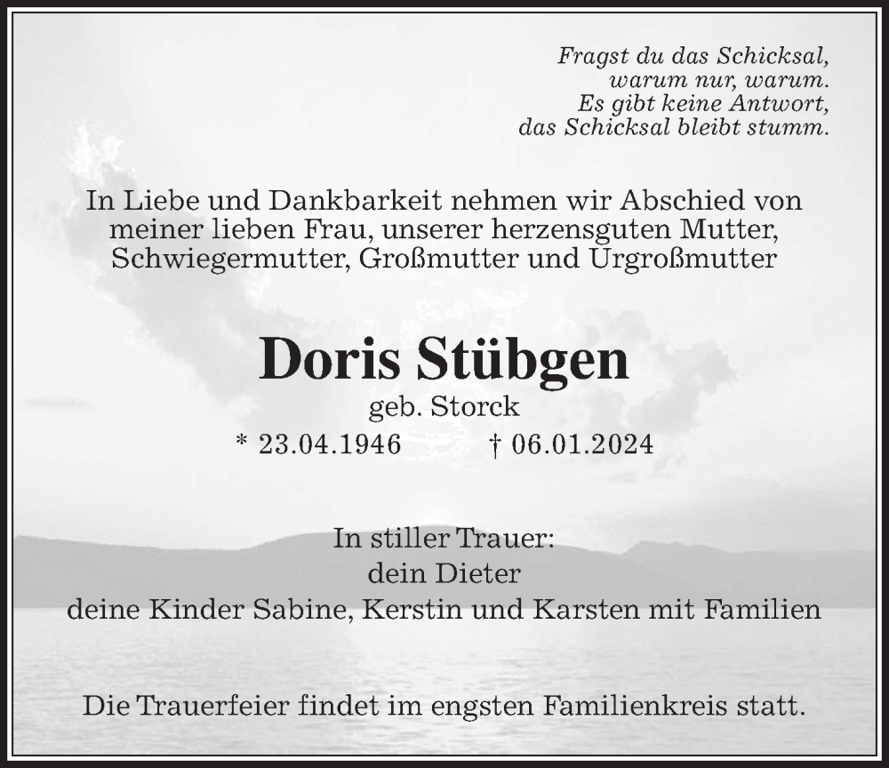  Traueranzeige für Doris Stübgen vom 11.01.2024 aus Licher Wochenblatt