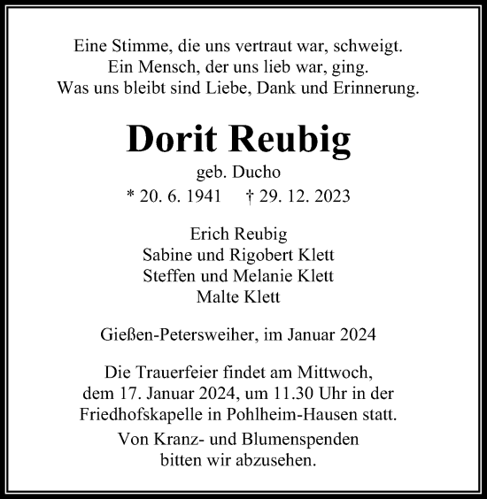 Traueranzeige von Dorit Reubig von Giessener Anzeiger, Giessener Allgemeine, Alsfelder Allgemeine