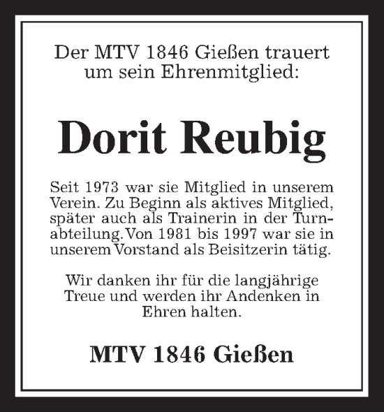 Traueranzeige von Dorit Reubig von Giessener Allgemeine, Alsfelder Allgemeine, Giessener Anzeiger