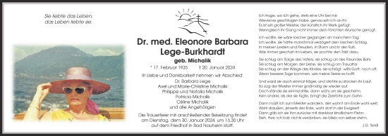 Traueranzeige von Eleonore Barbara Lege-Burkhardt von Wetterauer Zeitung