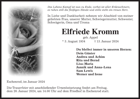 Traueranzeige von Elfriede Kromm von Kreis-Anzeiger