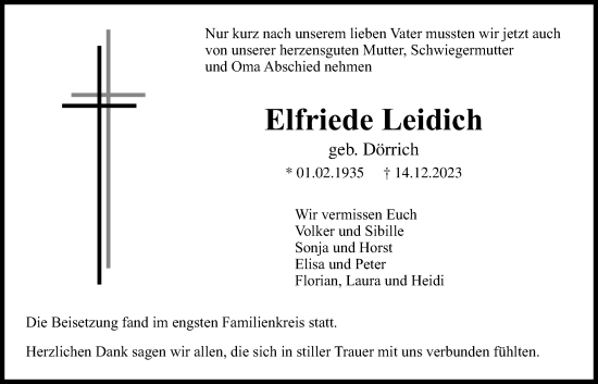 Traueranzeige von Elfriede Leidich von Pohlheimer Nachrichten