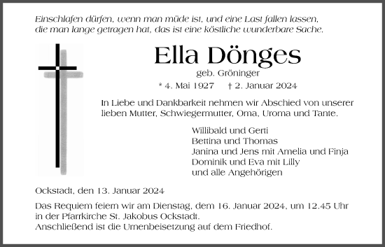Traueranzeige von Ella Dönges von Wetterauer Zeitung