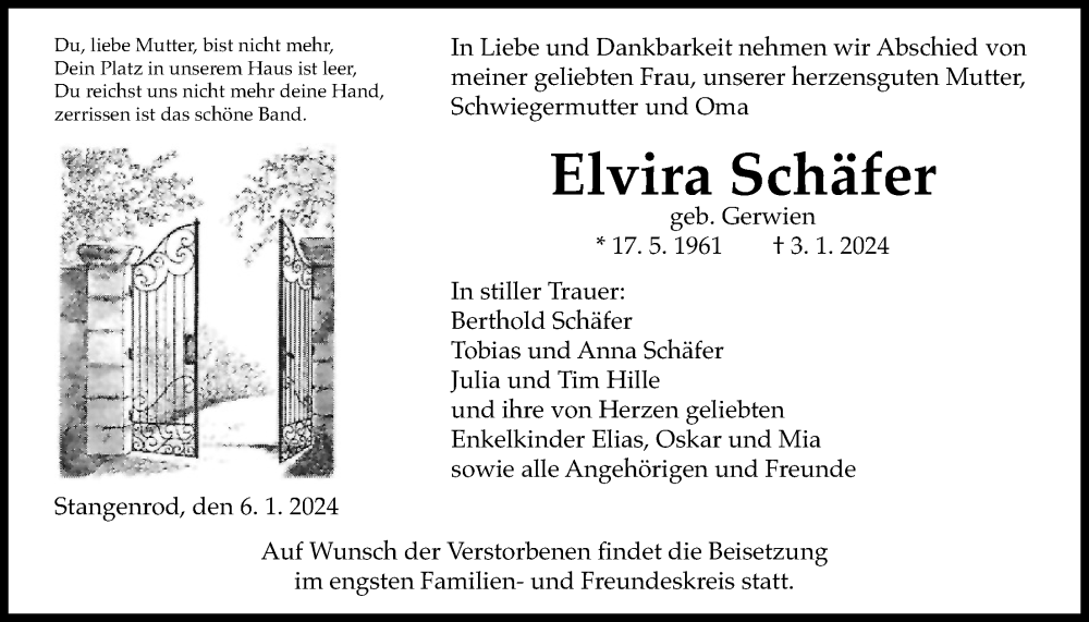  Traueranzeige für Elvira Schäfer vom 06.01.2024 aus Giessener Allgemeine, Alsfelder Allgemeine