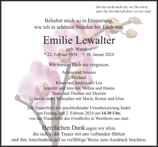 Traueranzeige von Emilie Lewalter 