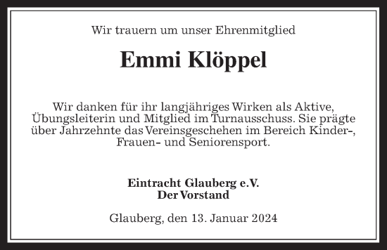 Traueranzeige von Emmi Klöppel von Kreis-Anzeiger