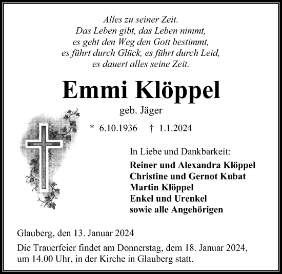 Traueranzeige von Emmi Klöppel von Kreis-Anzeiger