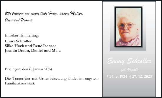 Traueranzeige von Emmy Schroller von Kreis-Anzeiger