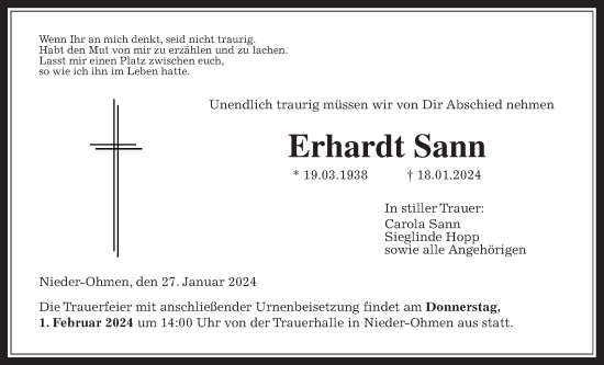 Traueranzeige von Erhardt Sann von Giessener Allgemeine, Alsfelder Allgemeine