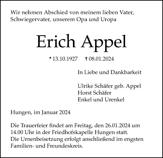 Traueranzeige von Erich Appel von Licher Wochenblatt, Licher Wochenblatt