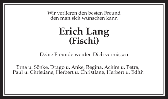 Traueranzeige von Erich Lang von Wetterauer Zeitung