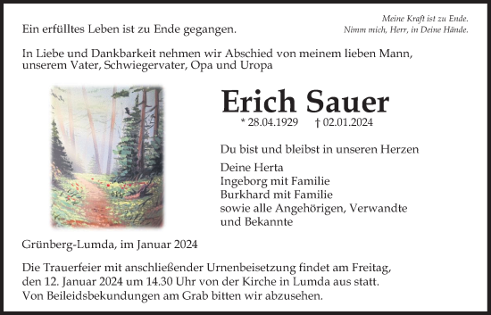 Traueranzeige von Erich Sauer von Giessener Allgemeine, Alsfelder Allgemeine