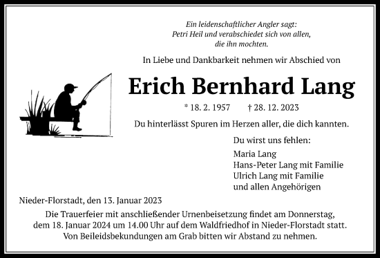 Traueranzeige von Erich Bernhard Lang von Wetterauer Zeitung