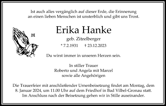 Traueranzeige von Erika Hanke von Bad Vilbel/Karben