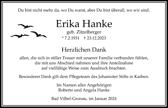 Traueranzeige von Erika Hanke von Bad Vilbel/Karben