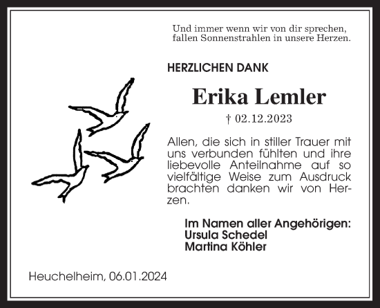 Traueranzeige von Erika Lemler von Wetterauer Zeitung, Giessener Allgemeine, Alsfelder Allgemeine
