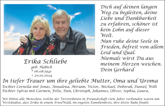 Traueranzeige von Erika Schliebe von Wetterauer Zeitung