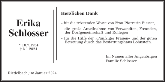 Traueranzeige von Erika Schlosser von Usinger Anzeiger