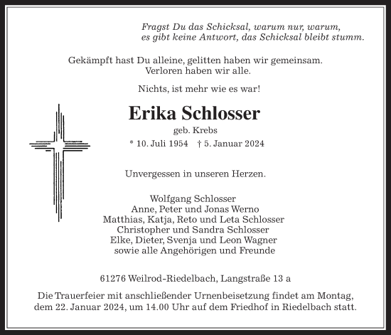 Traueranzeige von Erika Schlosser von Usinger Anzeiger