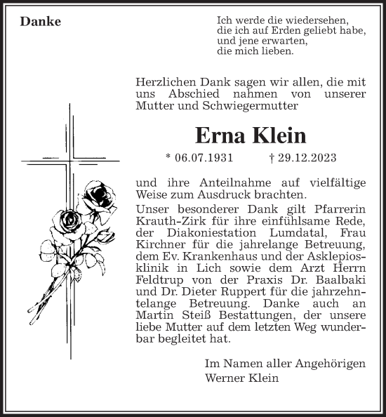 Traueranzeige von Erna Klein von Giessener Allgemeine, Alsfelder Allgemeine