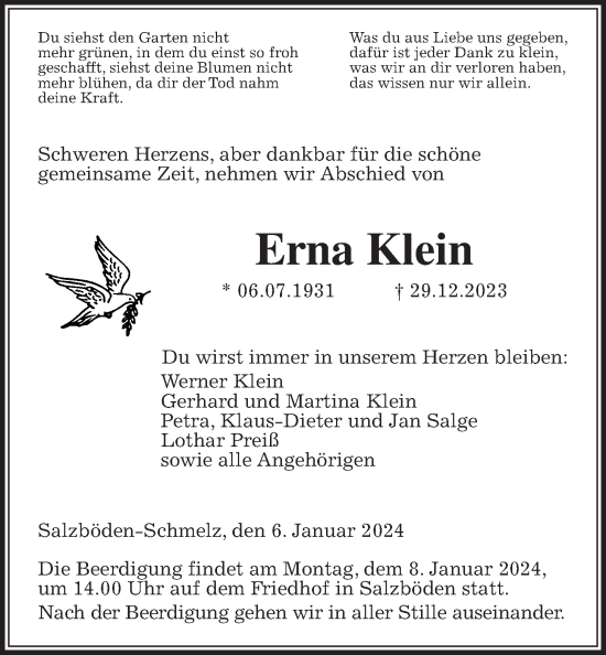 Traueranzeige von Erna Klein von Giessener Allgemeine, Alsfelder Allgemeine