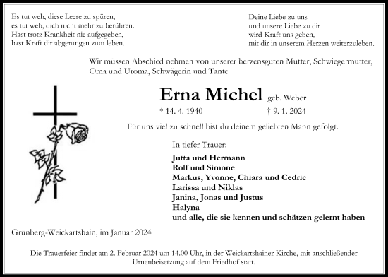 Traueranzeige von Erna Michel von Giessener Allgemeine, Alsfelder Allgemeine