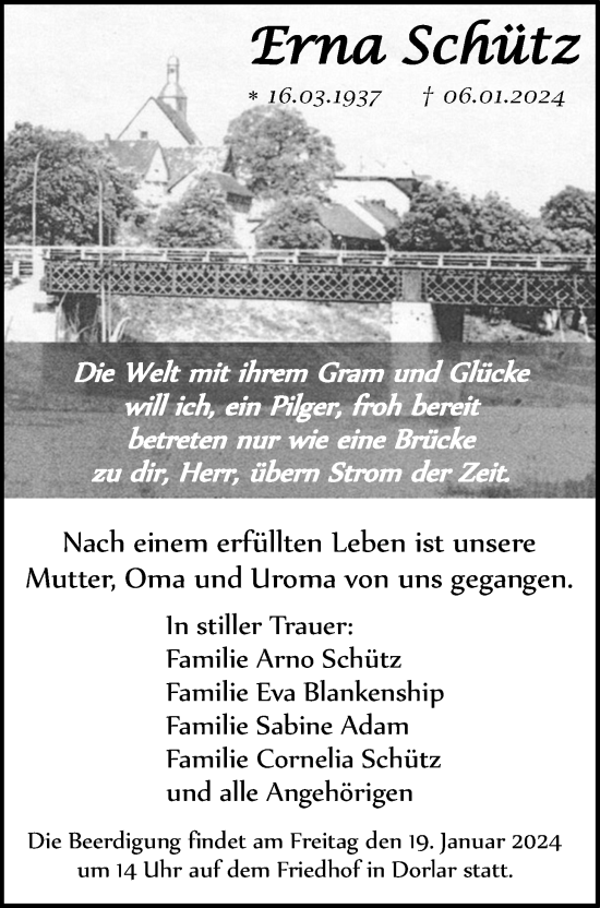 Traueranzeige von Erna Schütz von Giessener Allgemeine, Alsfelder Allgemeine