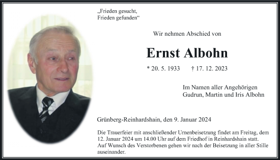 Traueranzeige von Ernst Albohn von Giessener Anzeiger, Giessener Allgemeine, Alsfelder Allgemeine