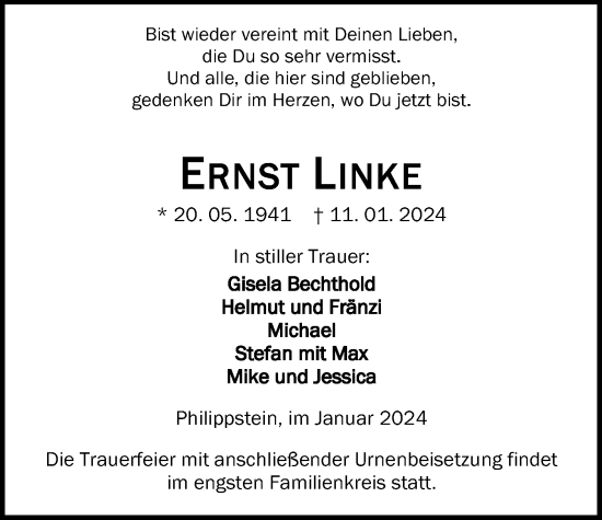 Traueranzeige von Ernst Linke von Giessener Allgemeine, Alsfelder Allgemeine