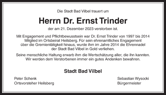 Traueranzeige von Ernst Trinder von Bad Vilbel/Karben