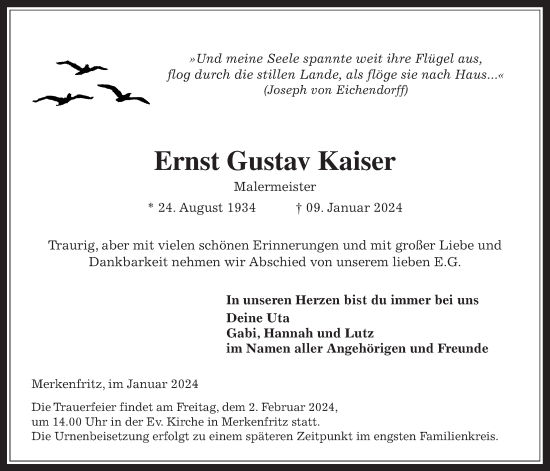 Traueranzeige von Ernst Gustav Kaiser von Kreis-Anzeiger