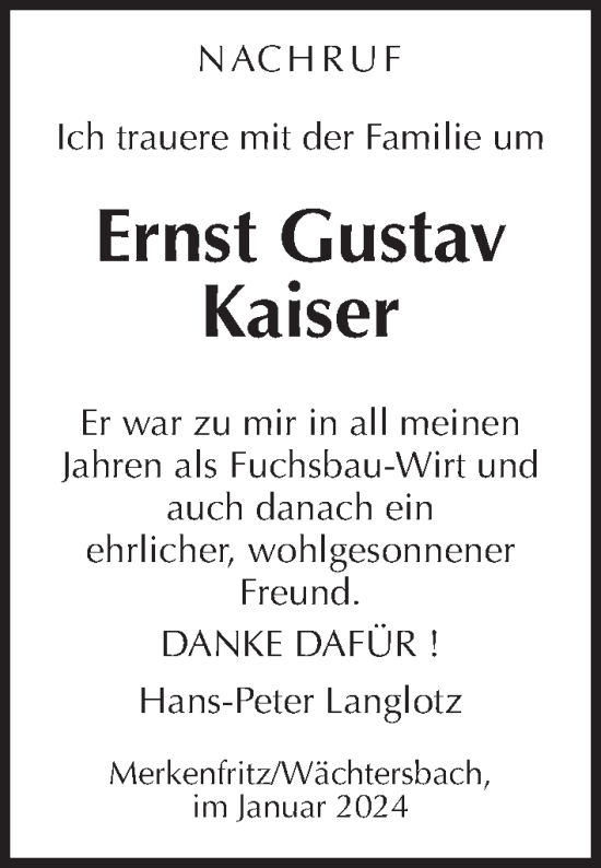 Traueranzeige von Ernst Gustav Kaiser von Kreis-Anzeiger