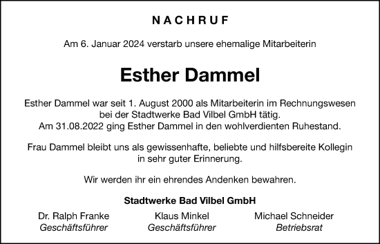 Traueranzeige von Esther Dammel von Bad Vilbel/Karben