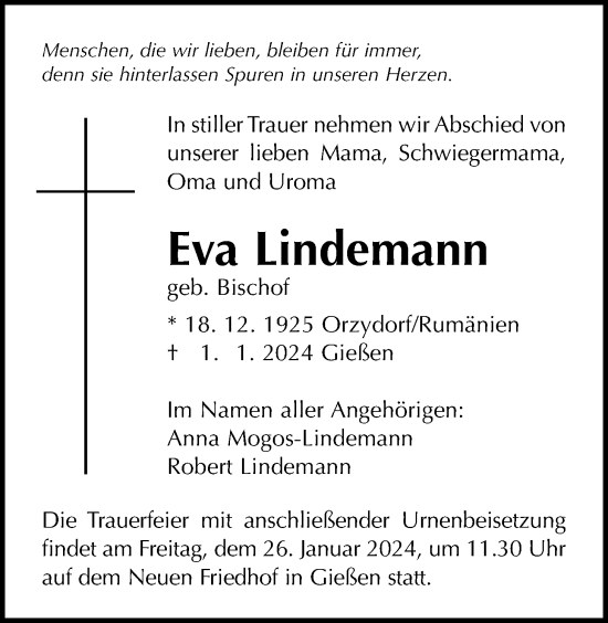 Traueranzeige von Eva Lindemann von Giessener Allgemeine, Alsfelder Allgemeine