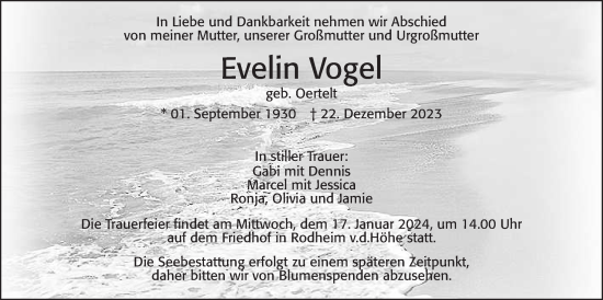 Traueranzeige von Evelin Vogel von Wetterauer Zeitung