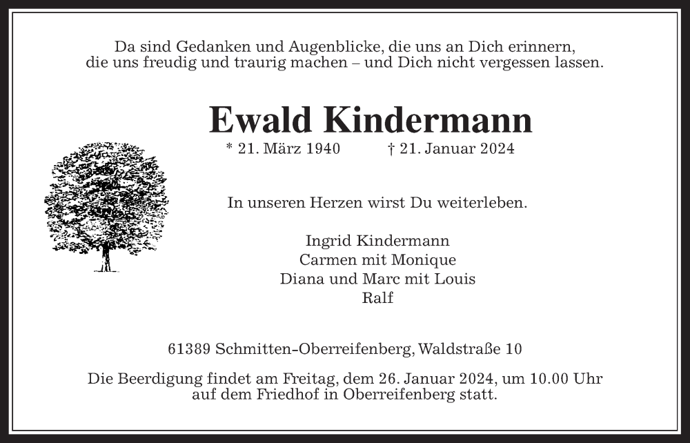  Traueranzeige für Ewald Kindermann vom 24.01.2024 aus Usinger Anzeiger